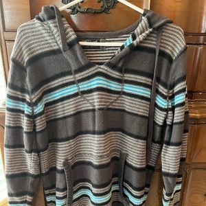 Boys size Small gray with black and blue hooded sweater .  In good condition